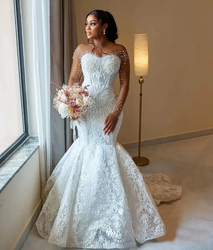 Customized 2026 Women's Mermaid Wedding Dress Bridal Dress Naked Neck Phantom Long Sleeve Beaded Lace Wedding Dress Back Button