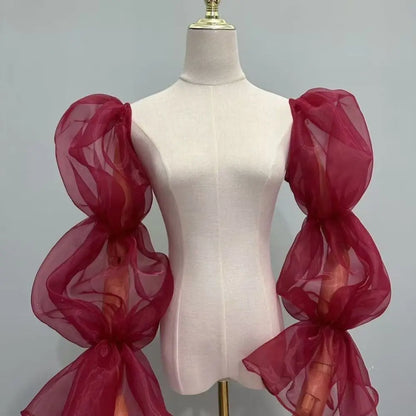 Elegant Puff Wedding Arm Sleeves Evening Dress Decor Ruffles Bride Detachable Sleeves Bowknot Sweet Sheer Cover Sleeves Banquet