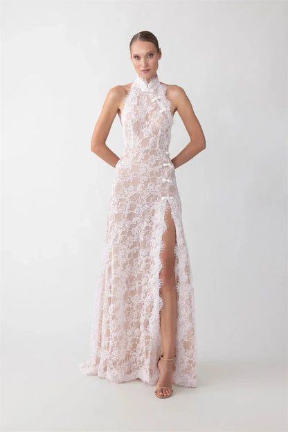 Tokyo Customized White Halter Neck Wedding Dresses Sleeveless Side High Split Backless Bridal Gown Elegant A-Line Wedding Gown