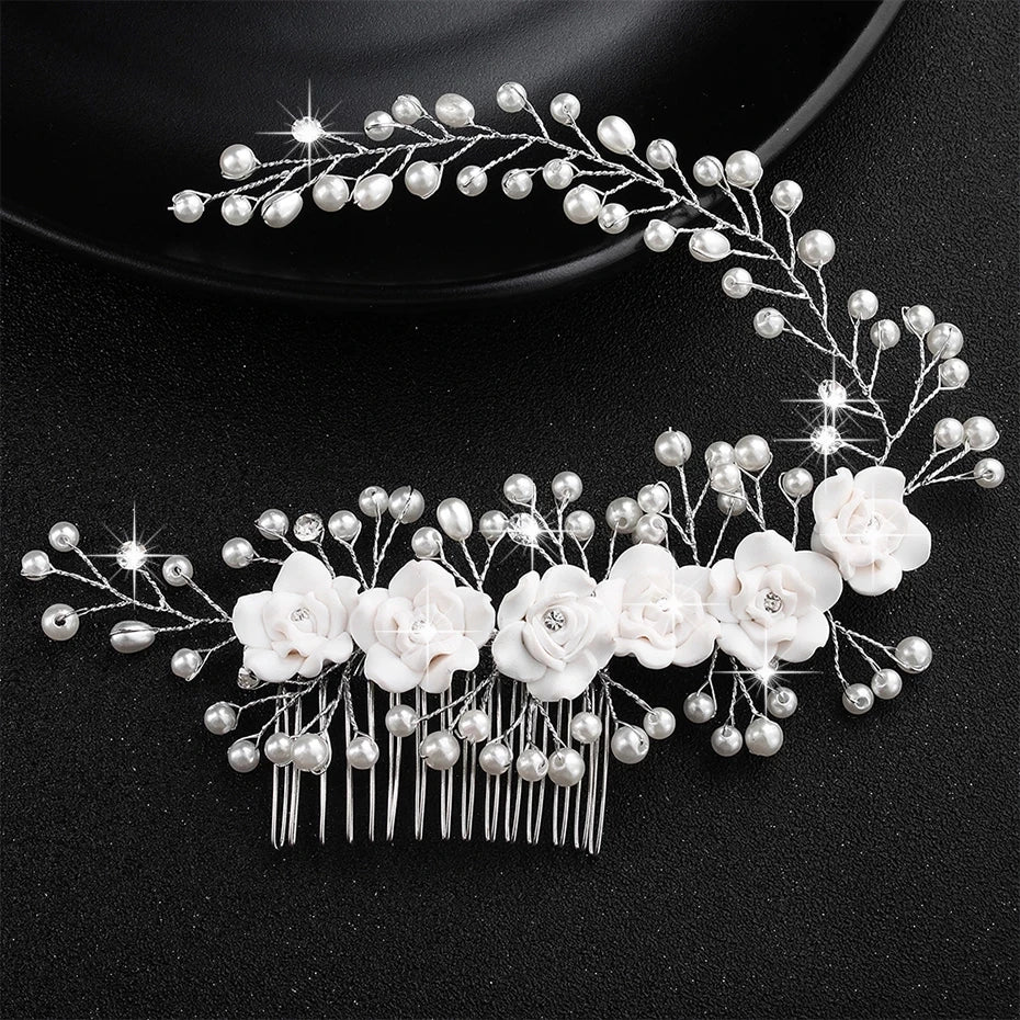 Handmade Pearl Flower Bridal Hair Comb – Silver Crystal Wedding Clip