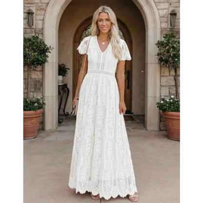 Women's 2026 V Neck Short Sleeve Floral Lace Wedding Dress A Line Boho Bridesmaid Cocktail Party Maxi Dress