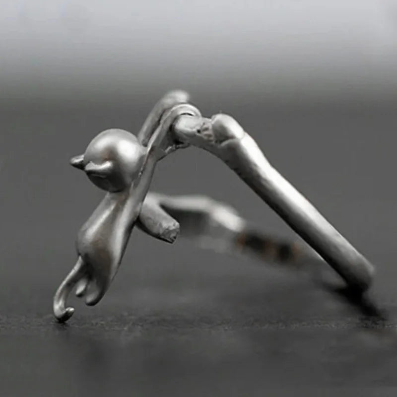 Authentic 925 Sterling Silver Cat on Branch Adjustable Ring