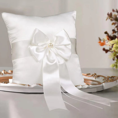 Wedding Ring Bearer Pillow & Flower Girl Basket Set | White Satin Pearl Handle | Bridal Wedding Accessories
