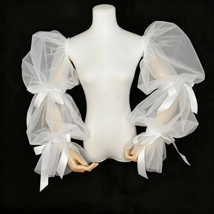 Elegant Puff Wedding Arm Sleeves Evening Dress Decor Ruffles Bride Detachable Sleeves Bowknot Sweet Sheer Cover Sleeves Banquet