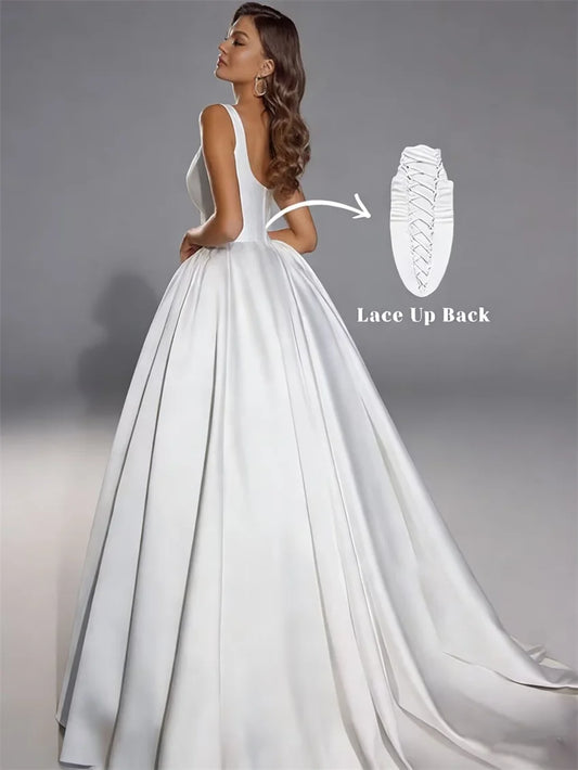 Elegant A-Line Satin Wedding Dress | Square Neckline | Lace Up Back | Floor Length Bridal Gown