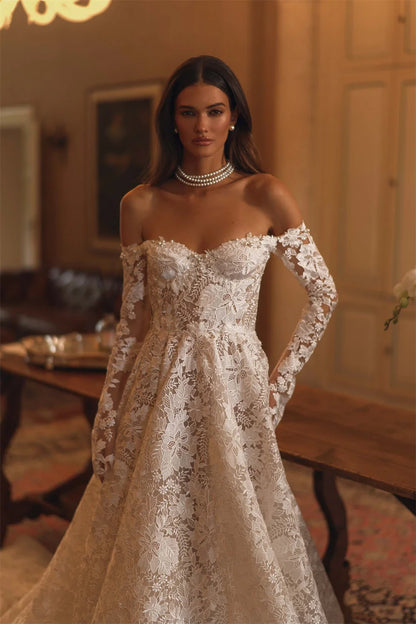 Royal Off-Shoulder Lace Ball Gown – Embroidered Wedding Dress with Train