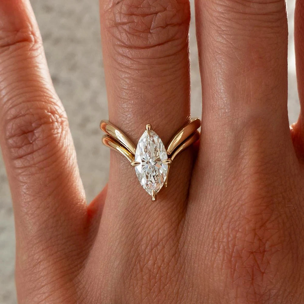 GRA Certified Marquise Cut Moissanite Ring Set | 925 Sterling Silver 18K Gold Plated | D Color VVS1 Wedding Band