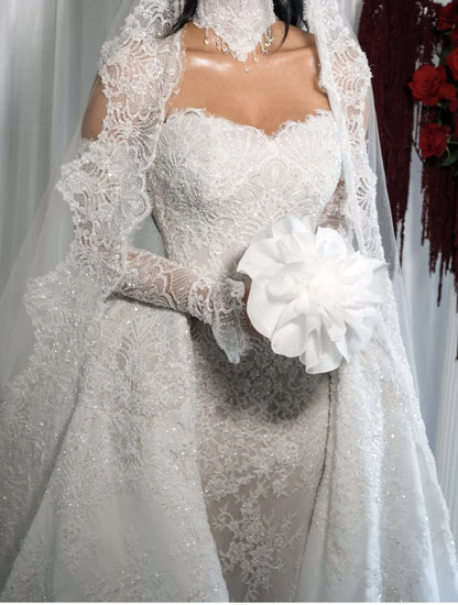 Romantic Sweetheart Lace Mermaid Wedding Dress Strapless Sheath Decoration Bridal Dress Detachable Tail Vest Customized