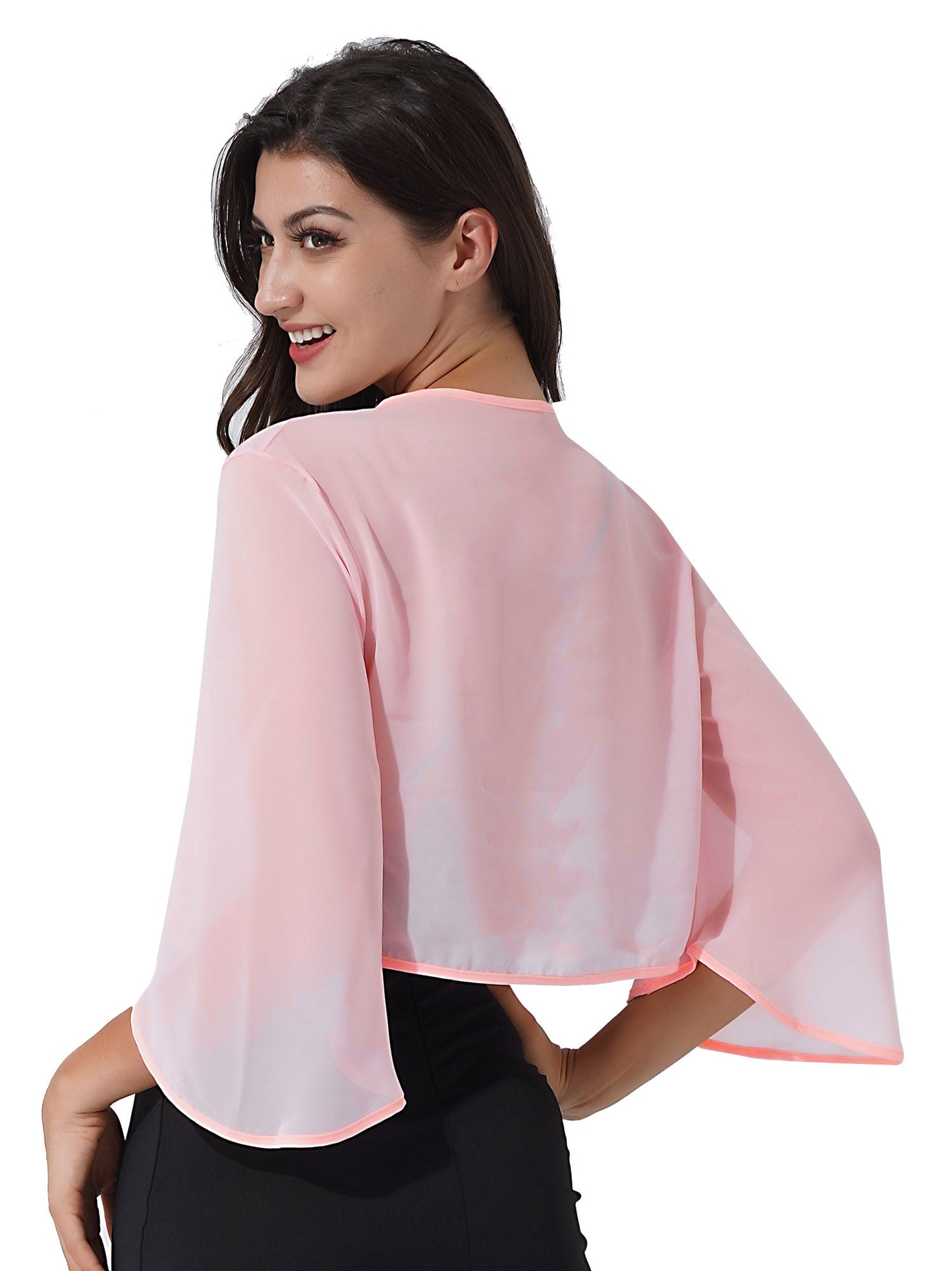 Women 3/4 Sleeve Chiffon Cardigan Bolero Shawls Outerwear Wedding Bridal Party Dress Wraps Beach Vacation Cover Ups Soft Cape