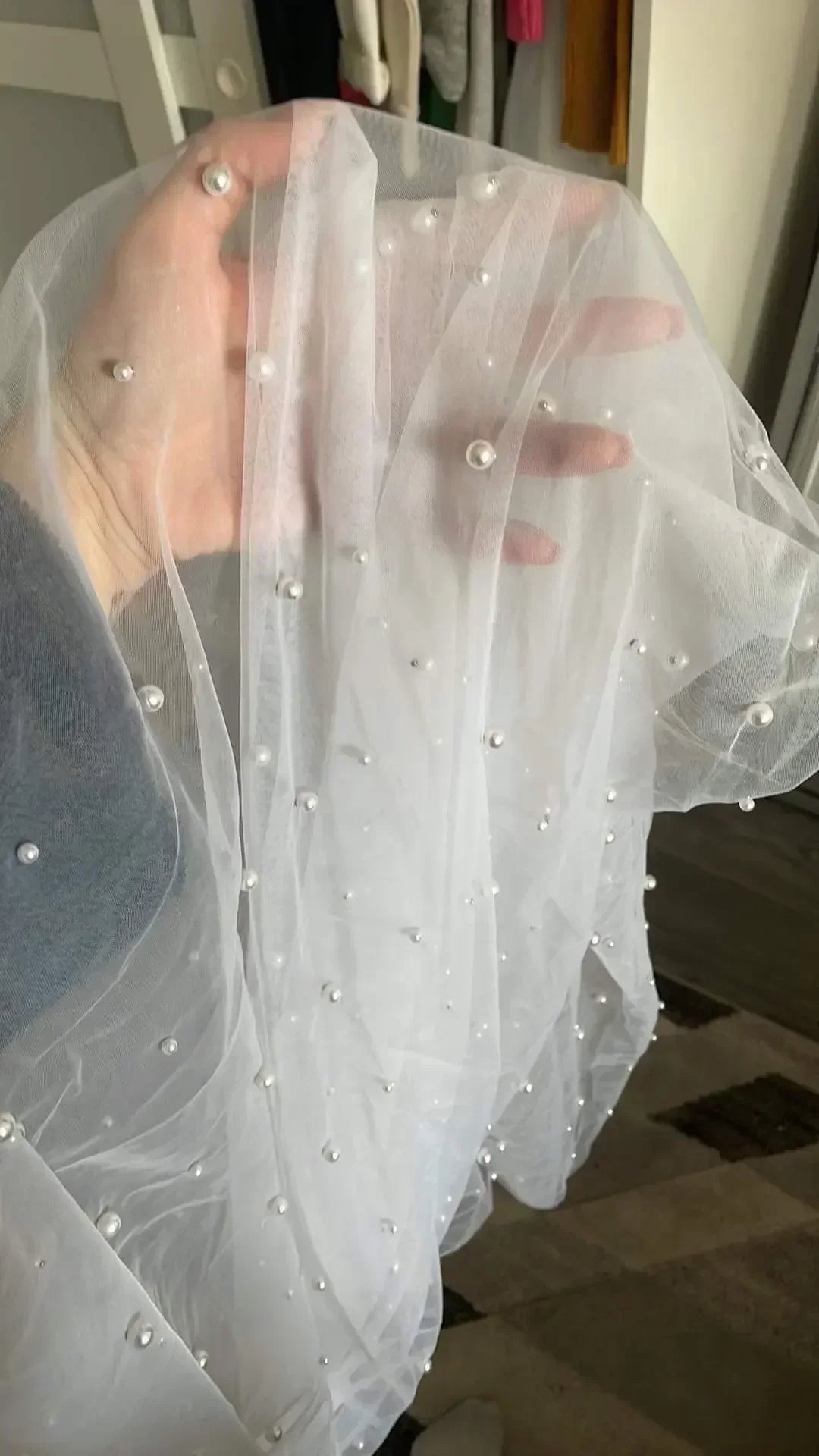 Ivory Pearl Cathedral Bridal Veil With Comb, 1 Layer