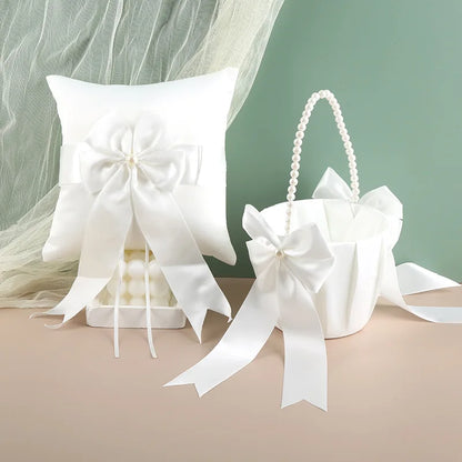 Wedding Ring Bearer Pillow & Flower Girl Basket Set | White Satin Pearl Handle | Bridal Wedding Accessories