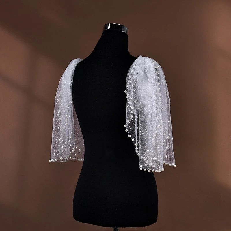 Pearl-Embellished Tulle Bridal Shoulder Cape & Oversleeves