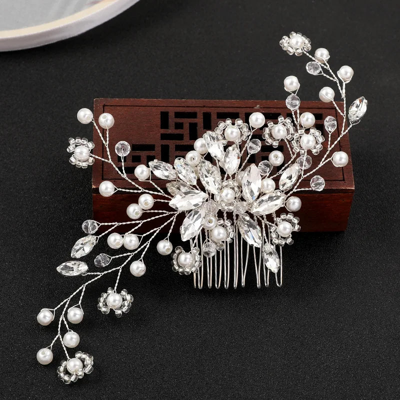 Handmade Pearl Flower Bridal Hair Comb – Silver Crystal Wedding Clip