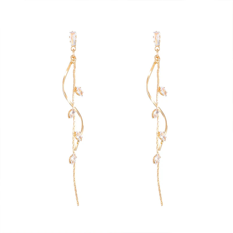 French Luxury Long Zircon Tassel Twisted Drop Earrings