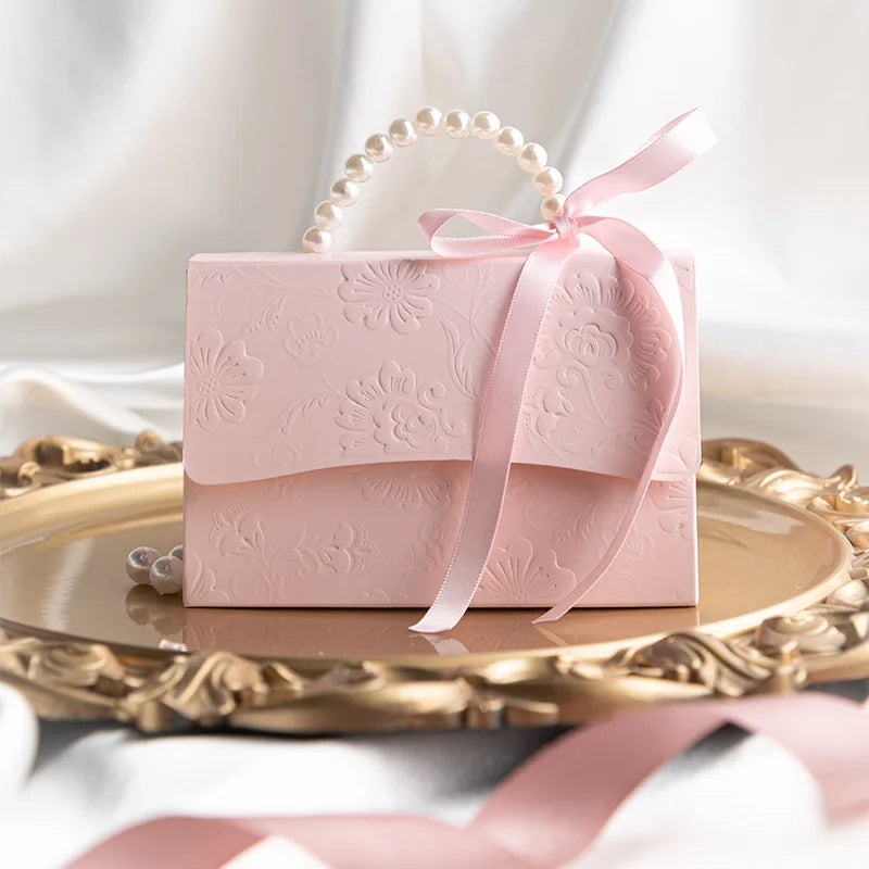 Pink Pearl Wedding Candy Gift Boxes | Set of 10 | Ribbon & Pearl Chain | Party Favor Packaging