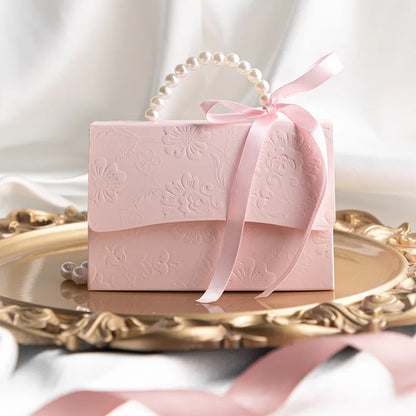 Pink Pearl Wedding Candy Gift Boxes | Set of 10 | Ribbon & Pearl Chain | Party Favor Packaging