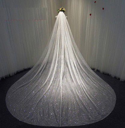 Grand 3.5m Sparkly Sequined Cathedral Wedding Veil with Comb | Premium White & Champagne Bridal Shimmer Veil