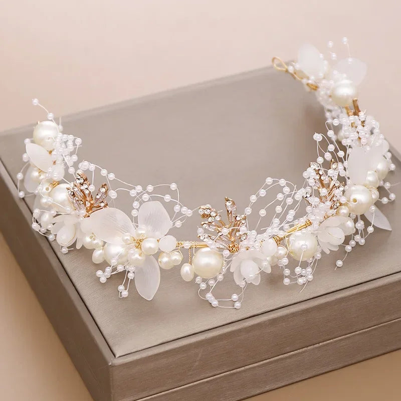 Pearl Flower Crown Headband – Boho Bridal Crystal Headpiece