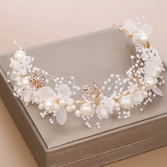 Pearl Flower Crown Headband – Boho Bridal Crystal Headpiece