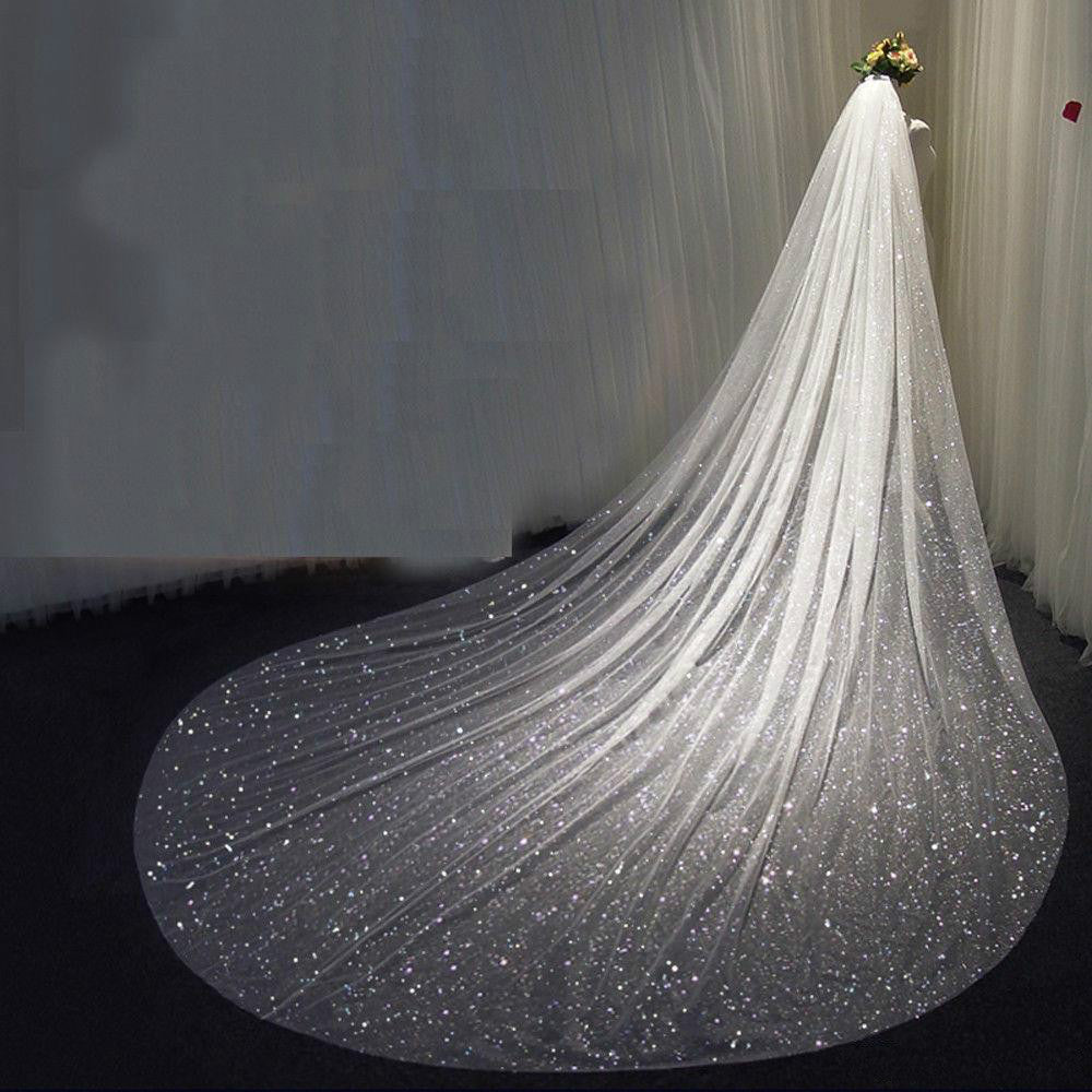 Grand 3.5m Sparkly Sequined Cathedral Wedding Veil with Comb | Premium White & Champagne Bridal Shimmer Veil