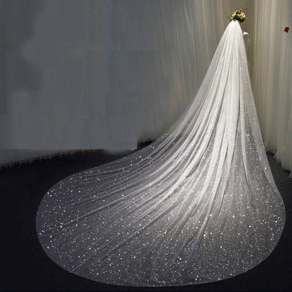 Grand 3.5m Sparkly Sequined Cathedral Wedding Veil with Comb | Premium White & Champagne Bridal Shimmer Veil