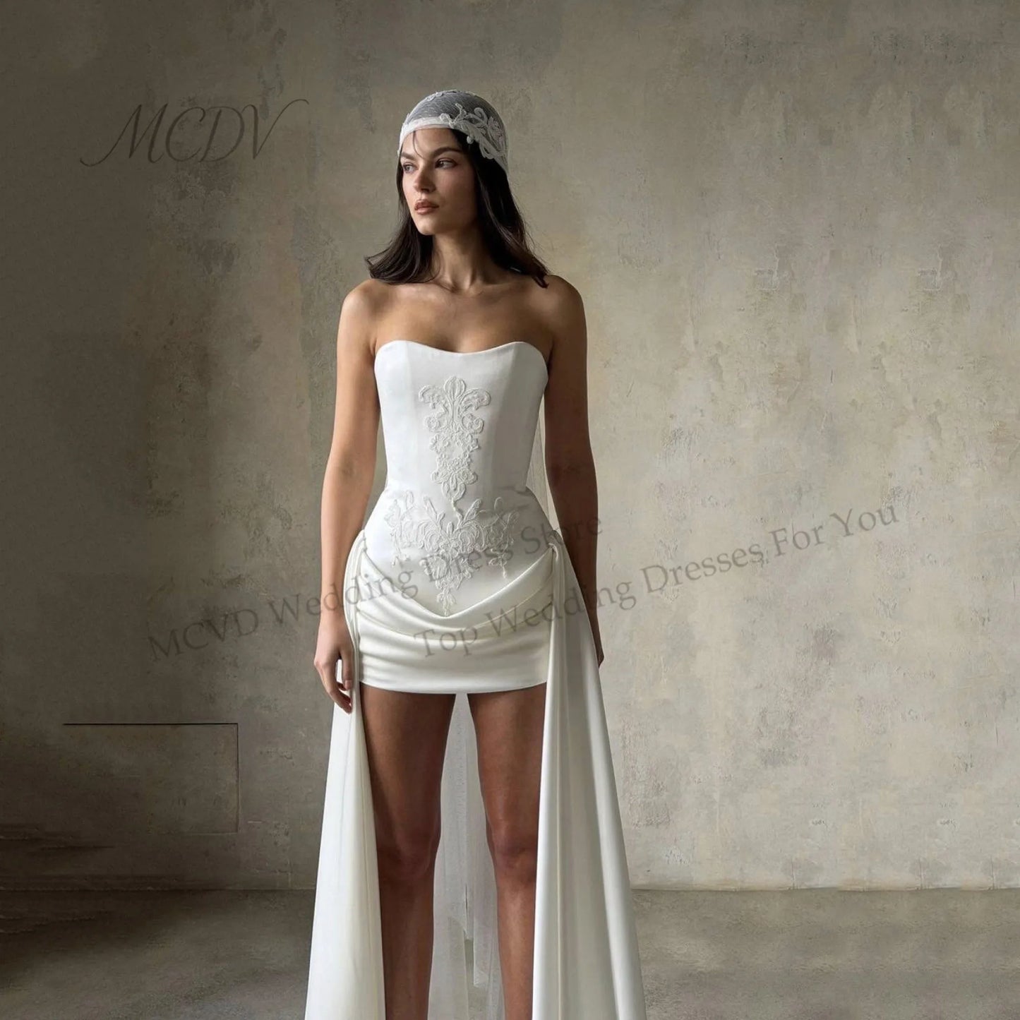 Short Wedding Dress 2026 Pleated Strapless Straight Satin Mini After Party Gown A-Line vestido de novia boda civil Customized