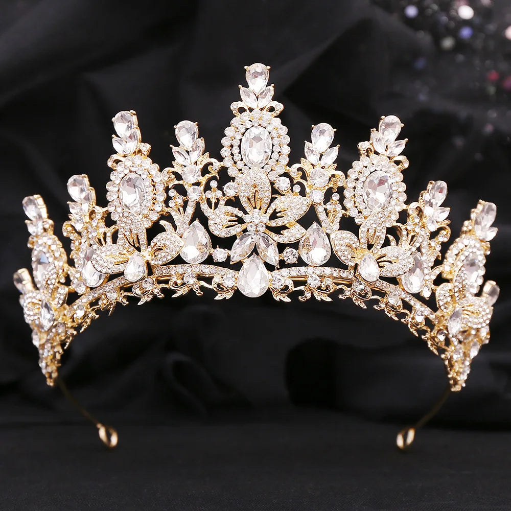 Bloom Veil Co. Royal Queen Champagne Gold Bridal Crown – Luxury Crystal Wedding Tiara