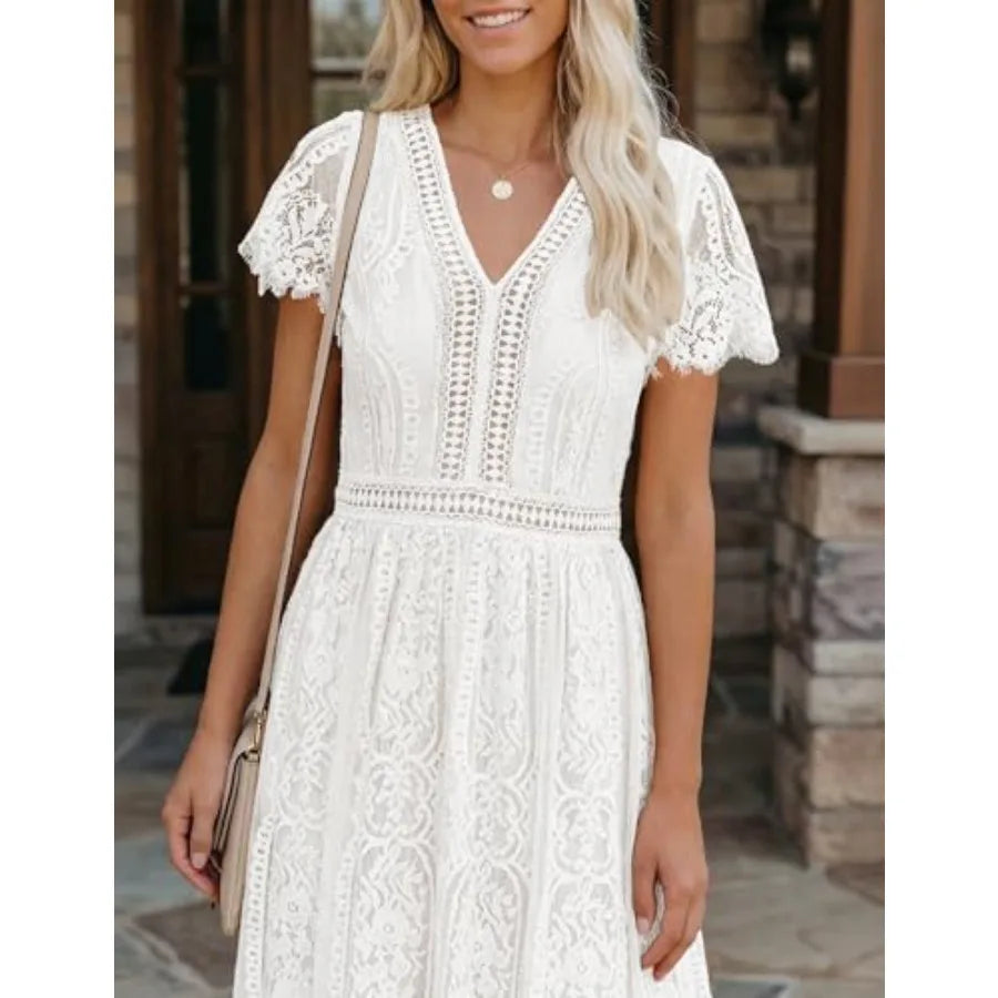 Women's 2026 V Neck Short Sleeve Floral Lace Wedding Dress A Line Boho Bridesmaid Cocktail Party Maxi Dress