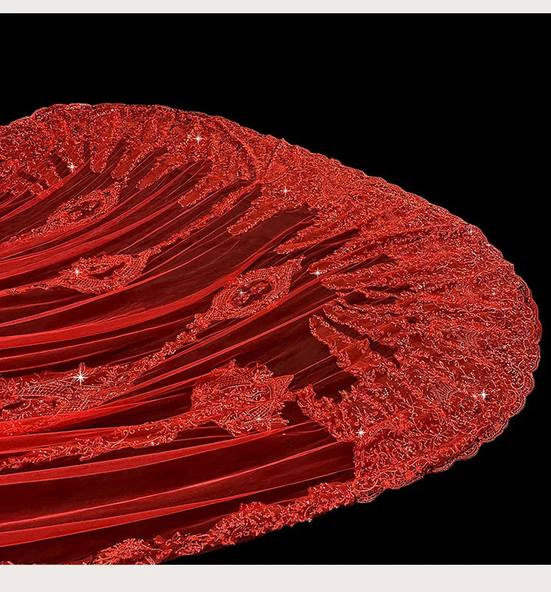 Saudi Arabia Red Wedding Veil 3.5m Long Bridal Veils 2026 Latest Tulle with Floral Applique