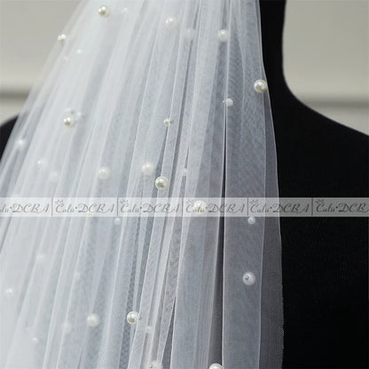 Ivory Pearl Cathedral Bridal Veil With Comb, 1 Layer