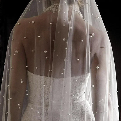 Ivory Pearl Cathedral Bridal Veil With Comb, 1 Layer