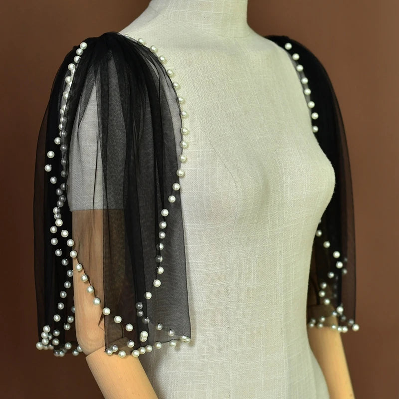 Pearl-Embellished Tulle Bridal Shoulder Cape & Oversleeves