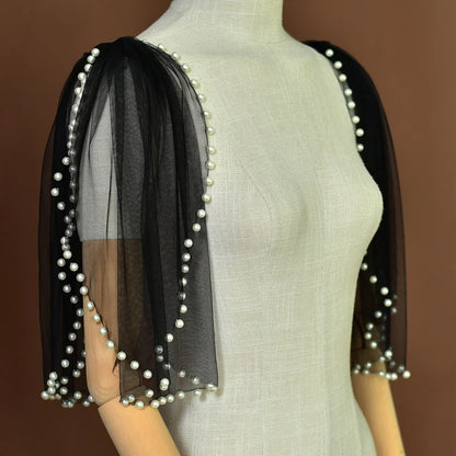 Pearl-Embellished Tulle Bridal Shoulder Cape & Oversleeves