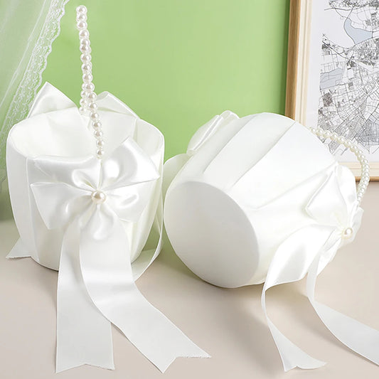 Wedding Ring Bearer Pillow & Flower Girl Basket Set | White Satin Pearl Handle | Bridal Wedding Accessories