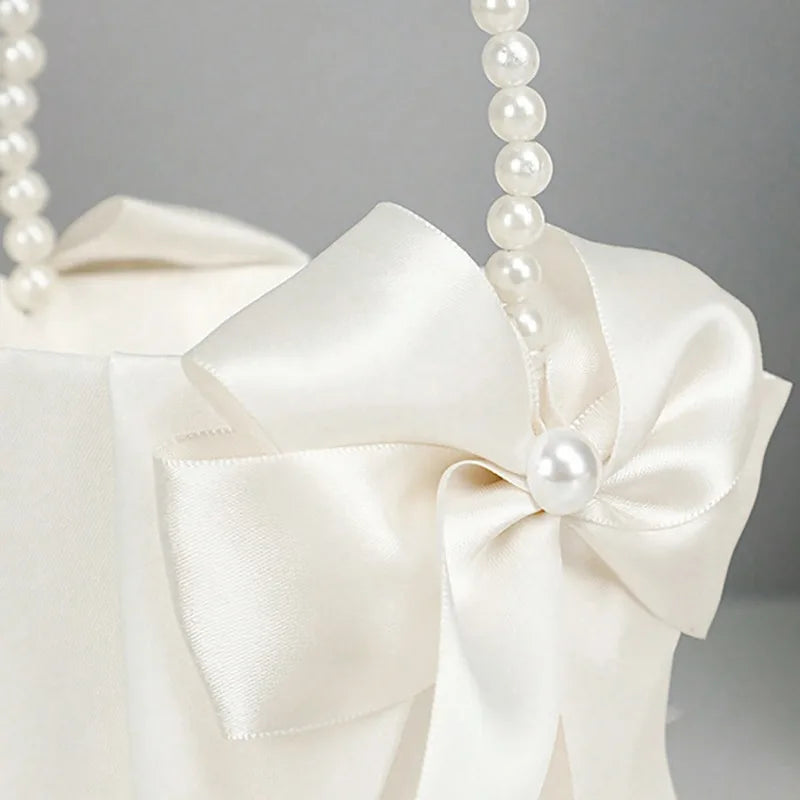 Wedding Ring Bearer Pillow & Flower Girl Basket Set | White Satin Pearl Handle | Bridal Wedding Accessories