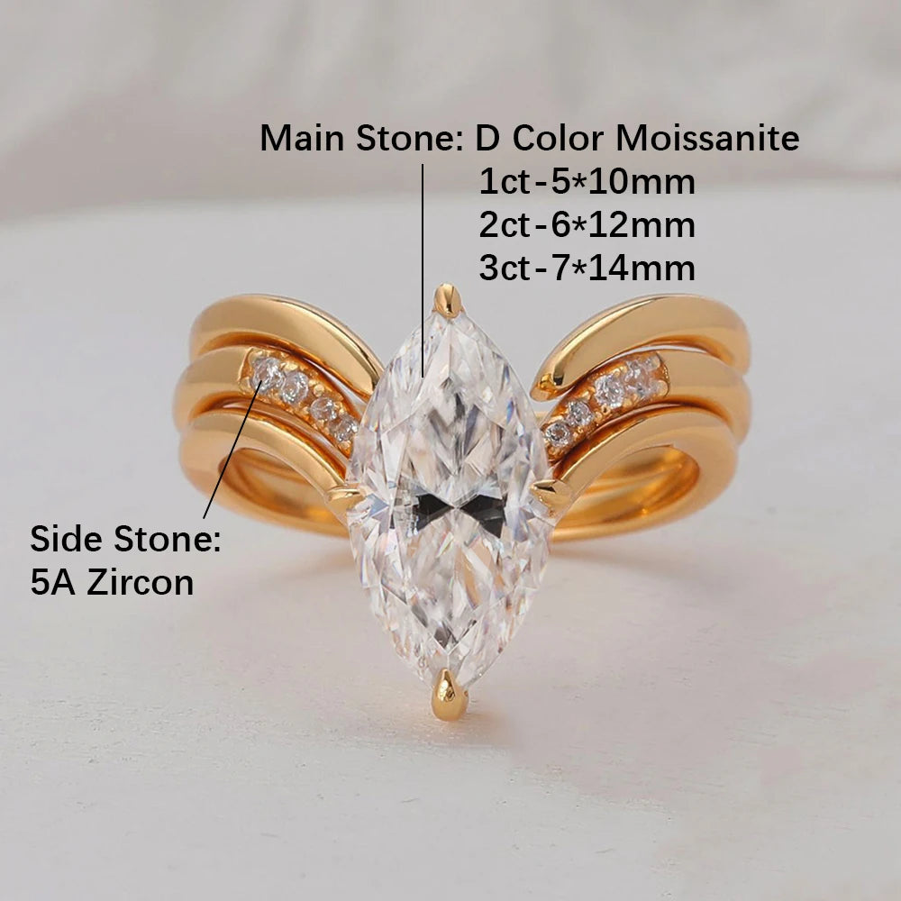 GRA Certified Marquise Cut Moissanite Ring Set | 925 Sterling Silver 18K Gold Plated | D Color VVS1 Wedding Band