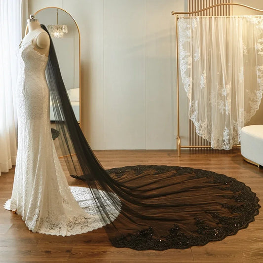 Black Cathedral Bridal Veil with Lace Appliqué Edge
