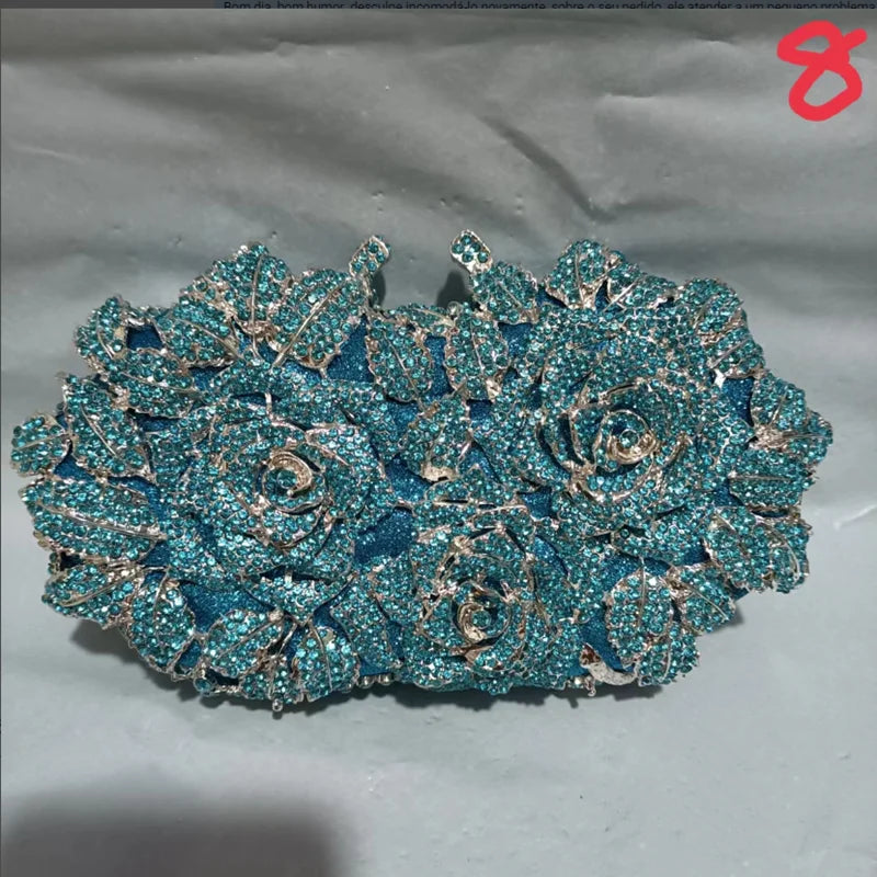 Golden Silver Luxury Crystals Evening Bags Fashion Rose Flower Diamonds Clutch Bags Soiree Purse Women Wedding Bride Handbags