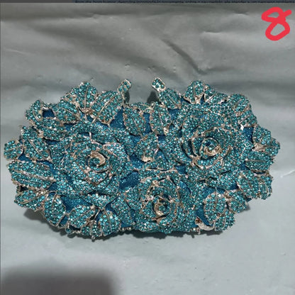 Golden Silver Luxury Crystals Evening Bags Fashion Rose Flower Diamonds Clutch Bags Soiree Purse Women Wedding Bride Handbags