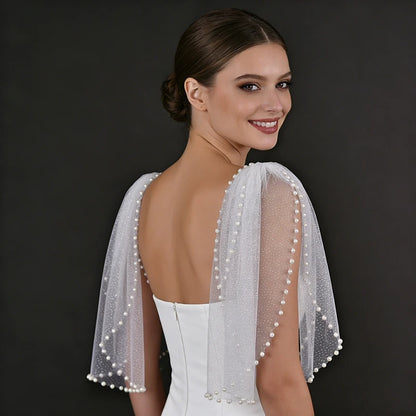 Pearl-Embellished Tulle Bridal Shoulder Cape & Oversleeves