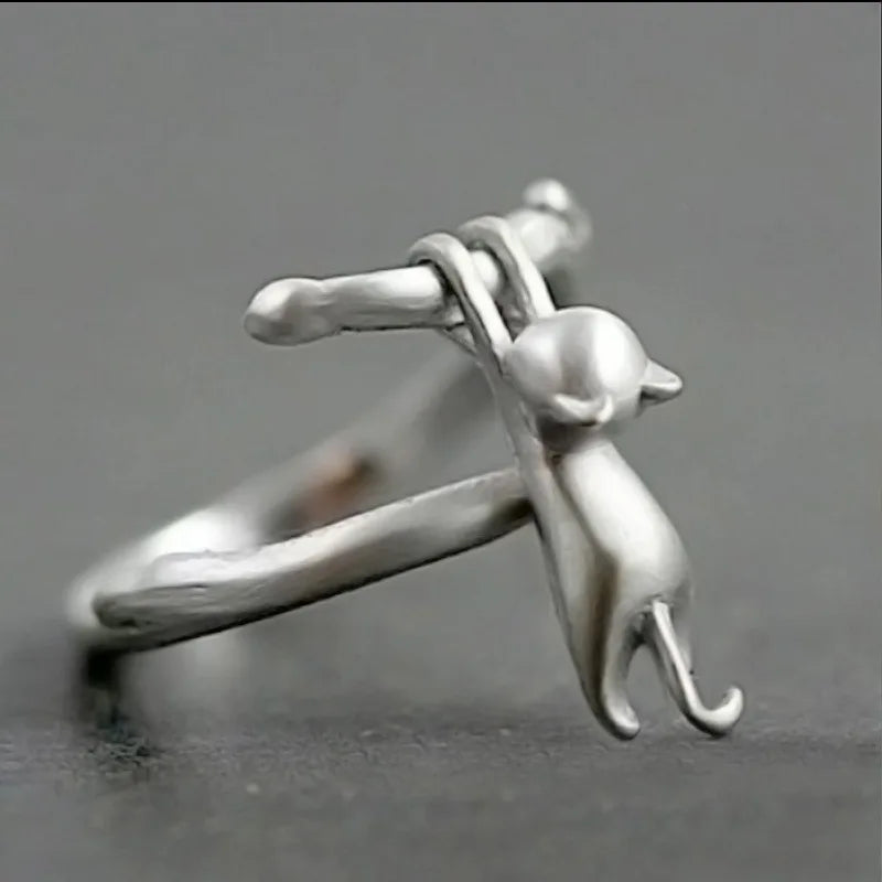 Authentic 925 Sterling Silver Cat on Branch Adjustable Ring