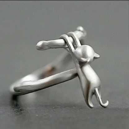 Authentic 925 Sterling Silver Cat on Branch Adjustable Ring
