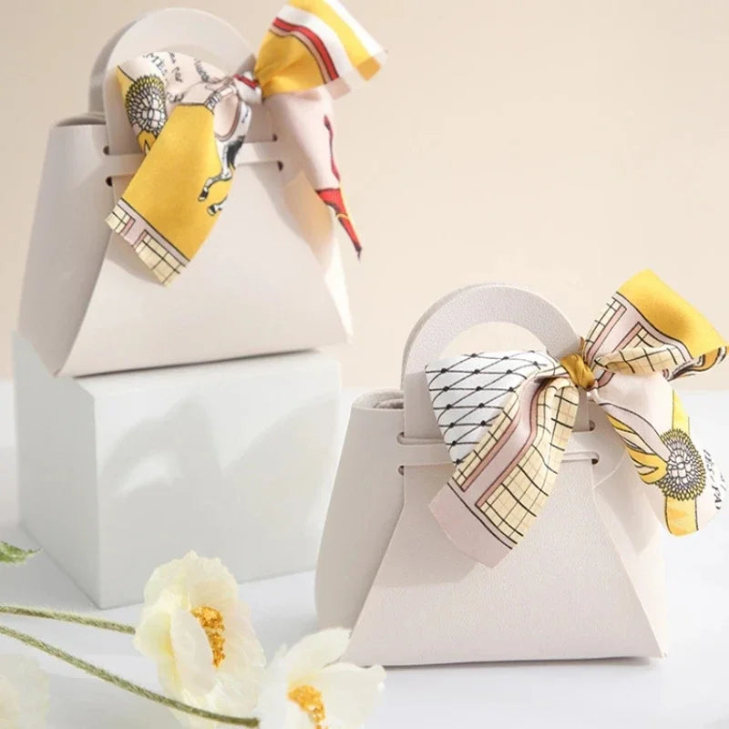 Luxury Leather Wedding Favor Bags | Mini Handbag Gift Bags with Ribbon | Wedding Guest Candy Bags | Set of 5
