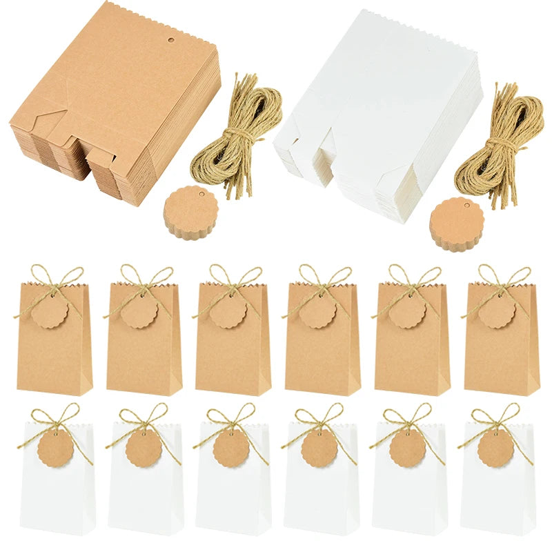 Kraft Paper Gift Boxes with Rope Handle | Set of 10/50 | Retro Wedding Favor Boxes | Party & Holiday Packaging