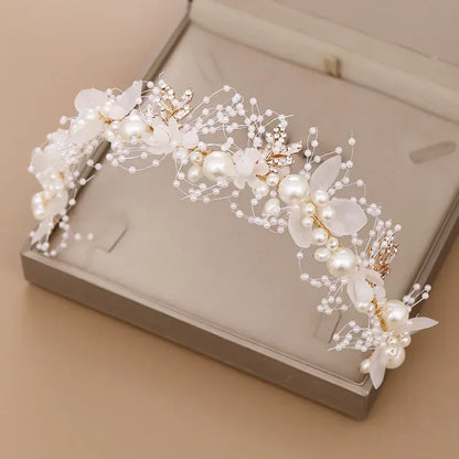 Pearl Flower Crown Headband – Boho Bridal Crystal Headpiece
