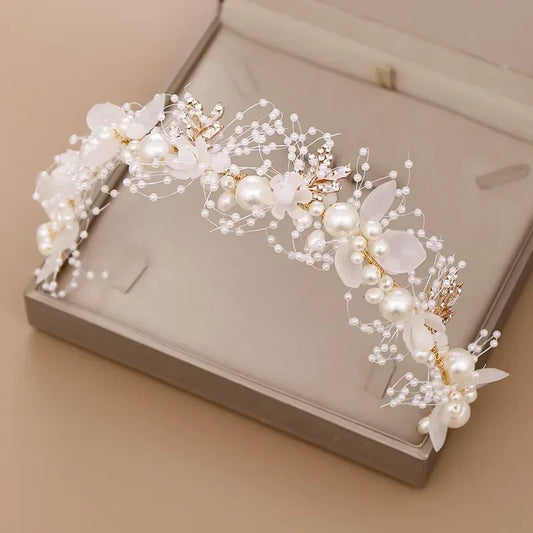 Pearl Flower Crown Headband – Boho Bridal Crystal Headpiece