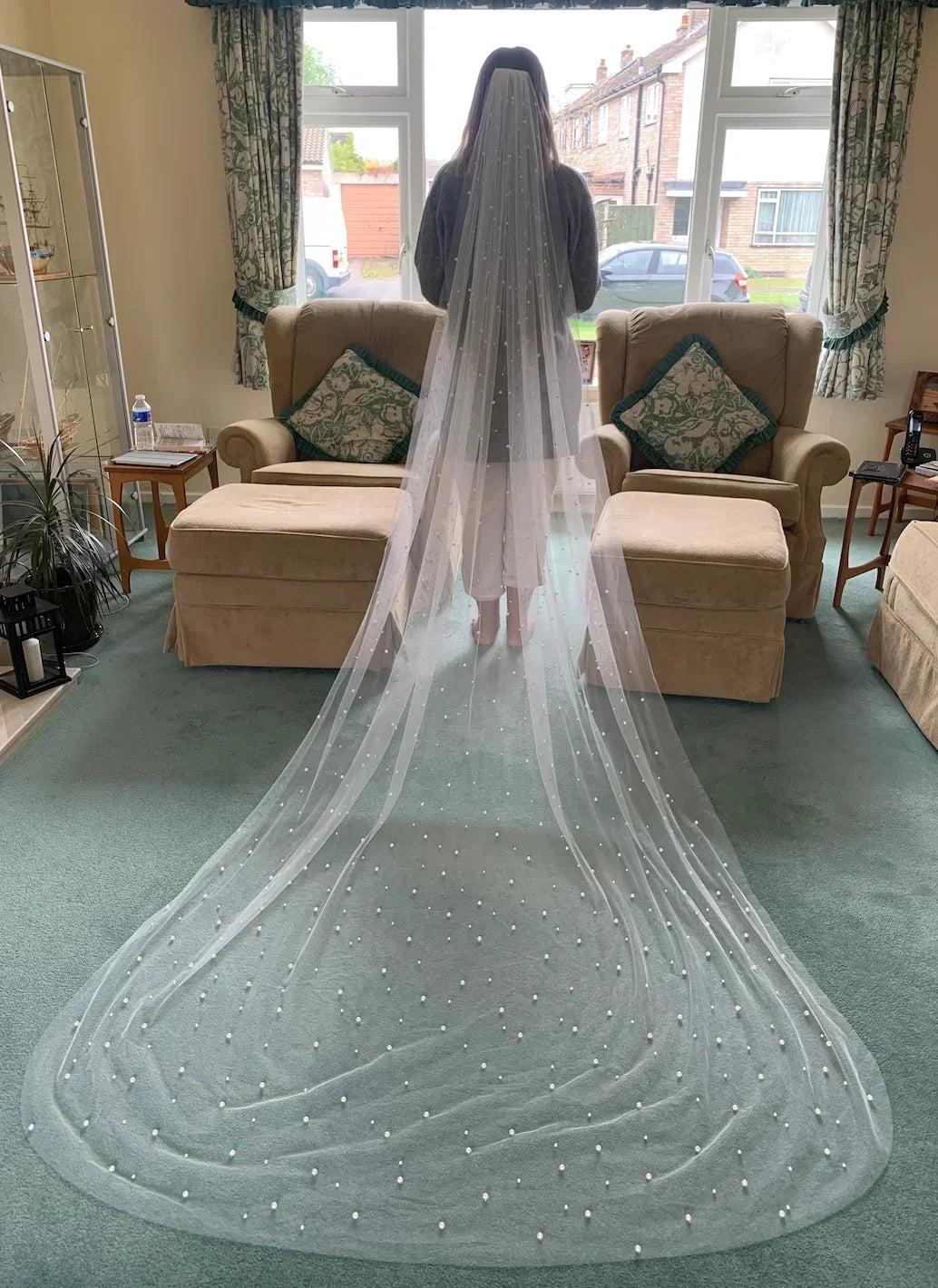 Ivory Pearl Cathedral Bridal Veil With Comb, 1 Layer