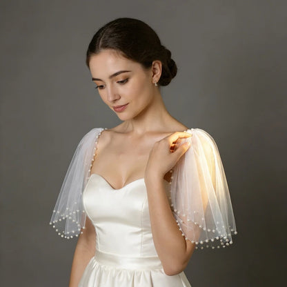 Pearl-Embellished Tulle Bridal Shoulder Cape & Oversleeves