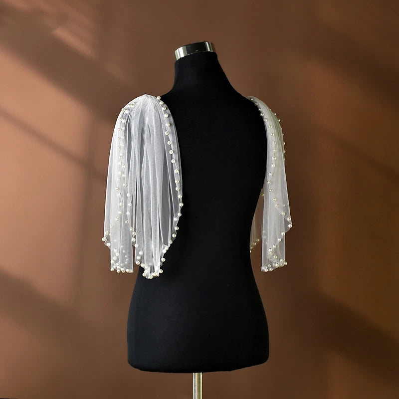 Pearl-Embellished Tulle Bridal Shoulder Cape & Oversleeves
