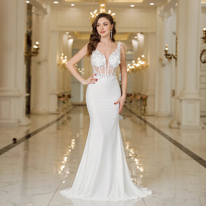 MisShow Elegant Straps White Mermaid Wedding Dresses Lace Pearls Backless V Neck Sleeveless Formal Party Gowns Vestido Marriee